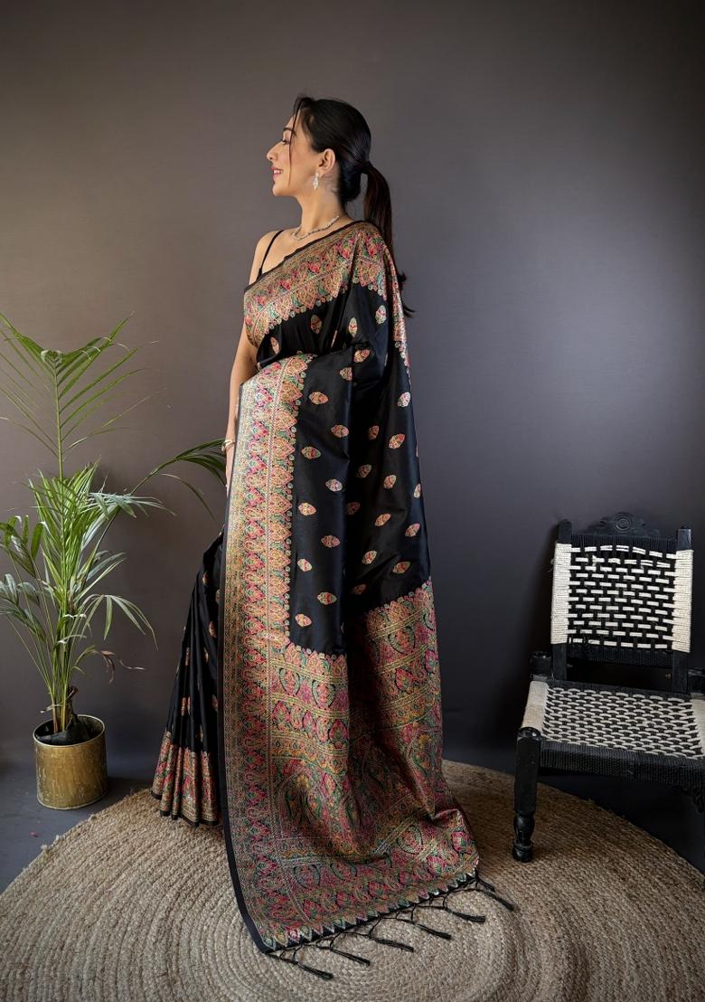 Black Floral Print Silk Blend Saree Set - Indya