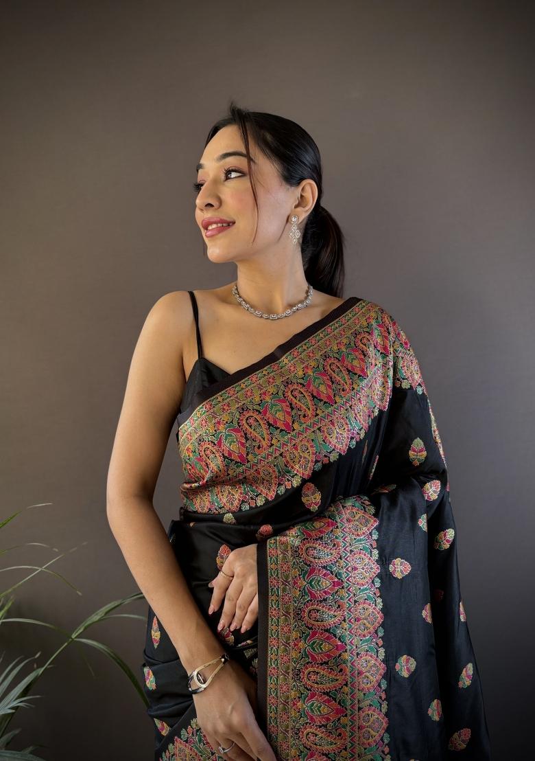 Black Floral Print Silk Blend Saree Set - Indya