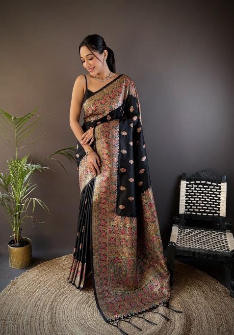 Black Floral Print Silk Saree Set