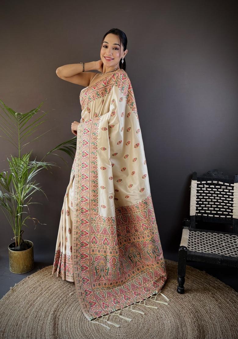 White Floral Print Silk Blend Saree Set - Indya