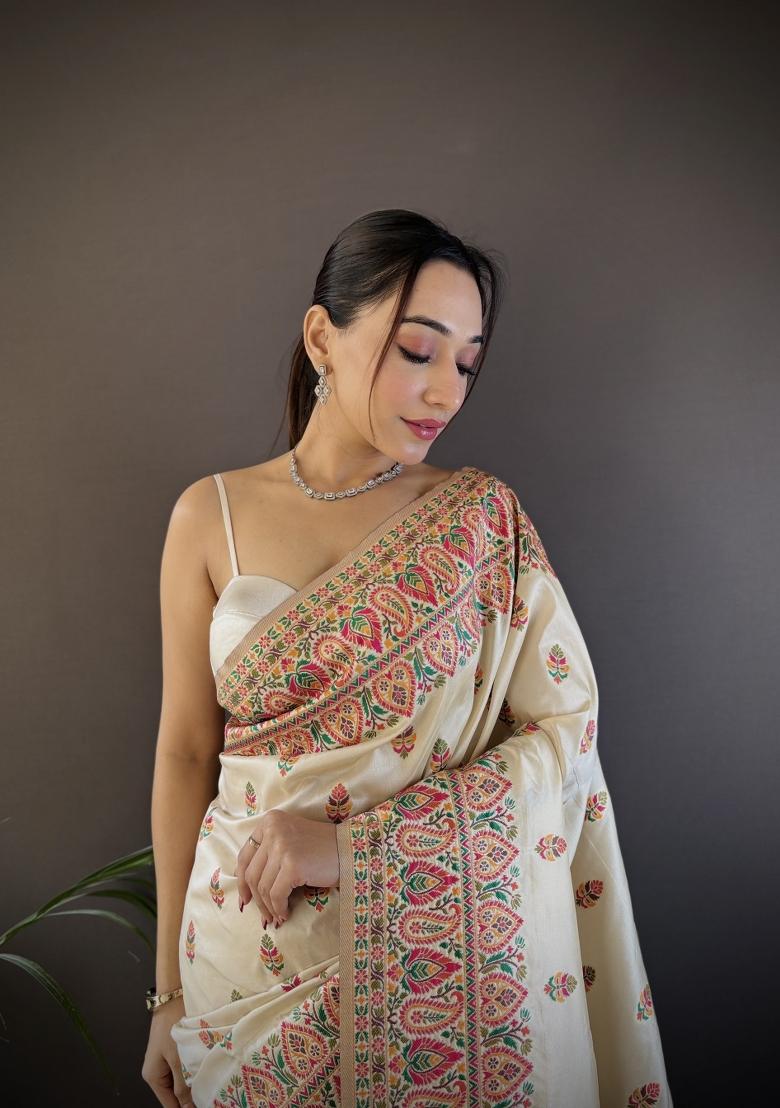 White Floral Print Silk Blend Saree Set - Indya