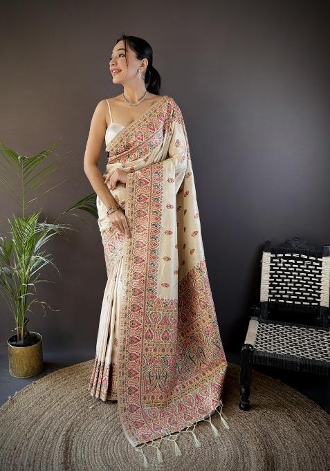White Floral Print Silk Saree Set