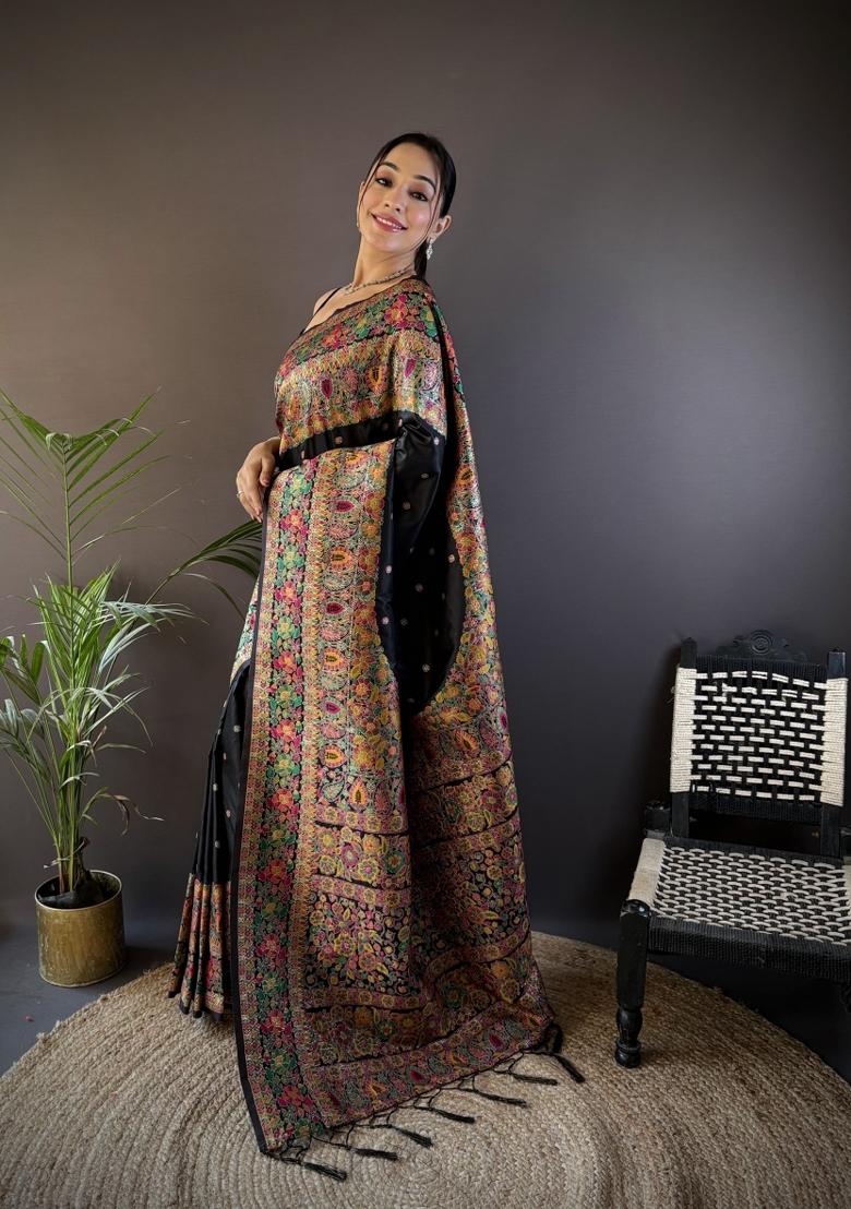 Black Floral Print Silk Blend Saree Set - Indya