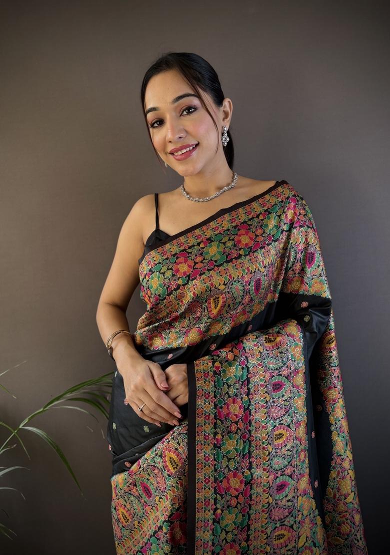 Black Floral Print Silk Blend Saree Set - Indya