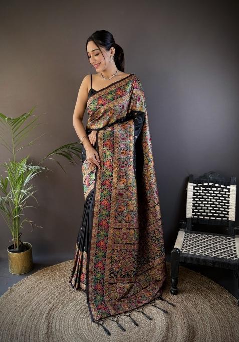 Black Floral Print Silk Saree Set