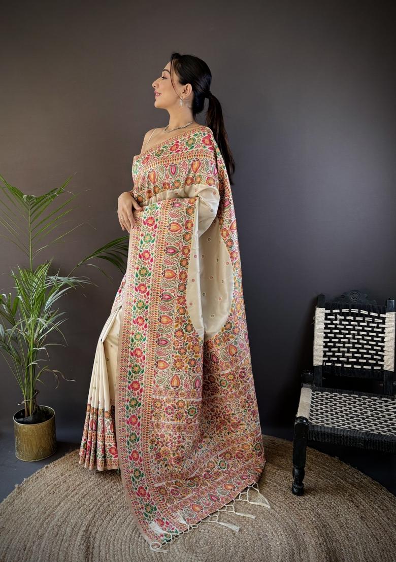 White Floral Print Silk Blend Saree Set - Indya