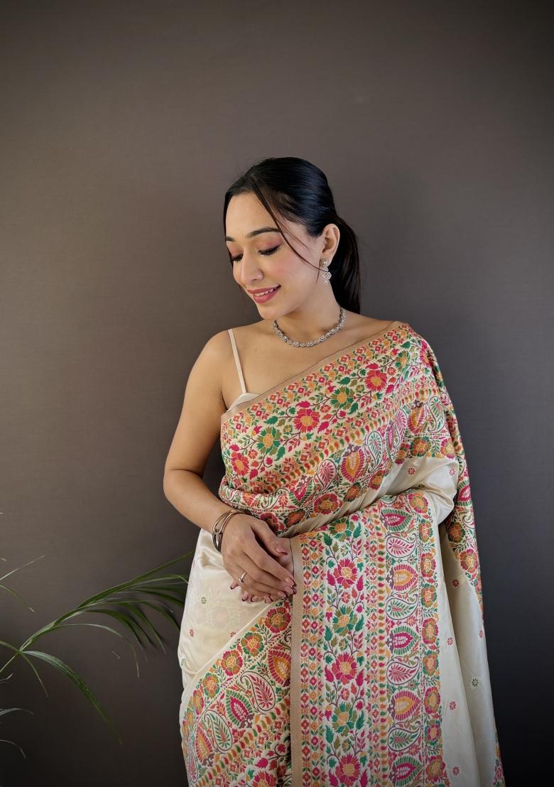 White Floral Print Silk Blend Saree Set - Indya