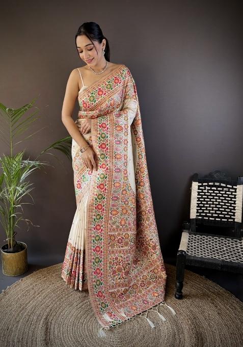 White Floral Print Silk Blend Saree Set