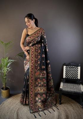 Black Floral Print Silk Blend Saree Set