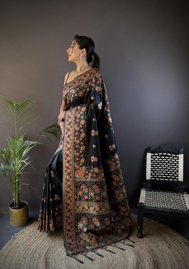 Black Floral Print Silk Blend Saree Set - Indya