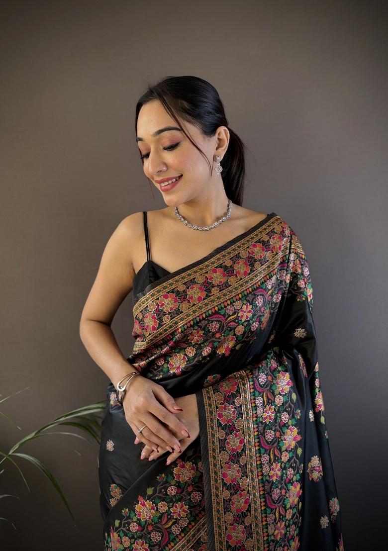 Black Floral Print Silk Blend Saree Set - Indya