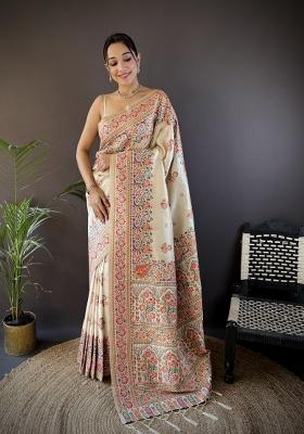 White Floral Print Silk Blend Saree Set
