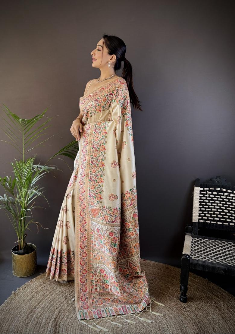White Floral Print Silk Blend Saree Set - Indya