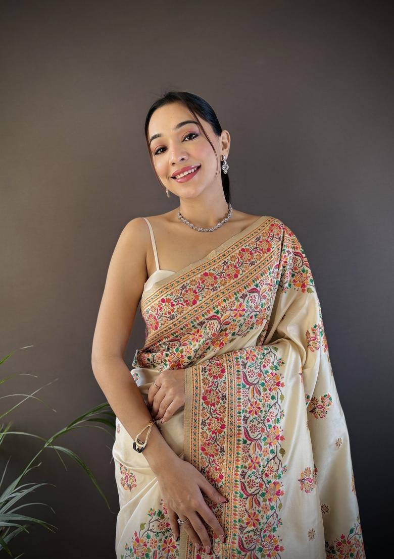 White Floral Print Silk Blend Saree Set - Indya