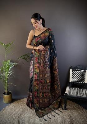 Black Floral Print Silk Blend Saree Set