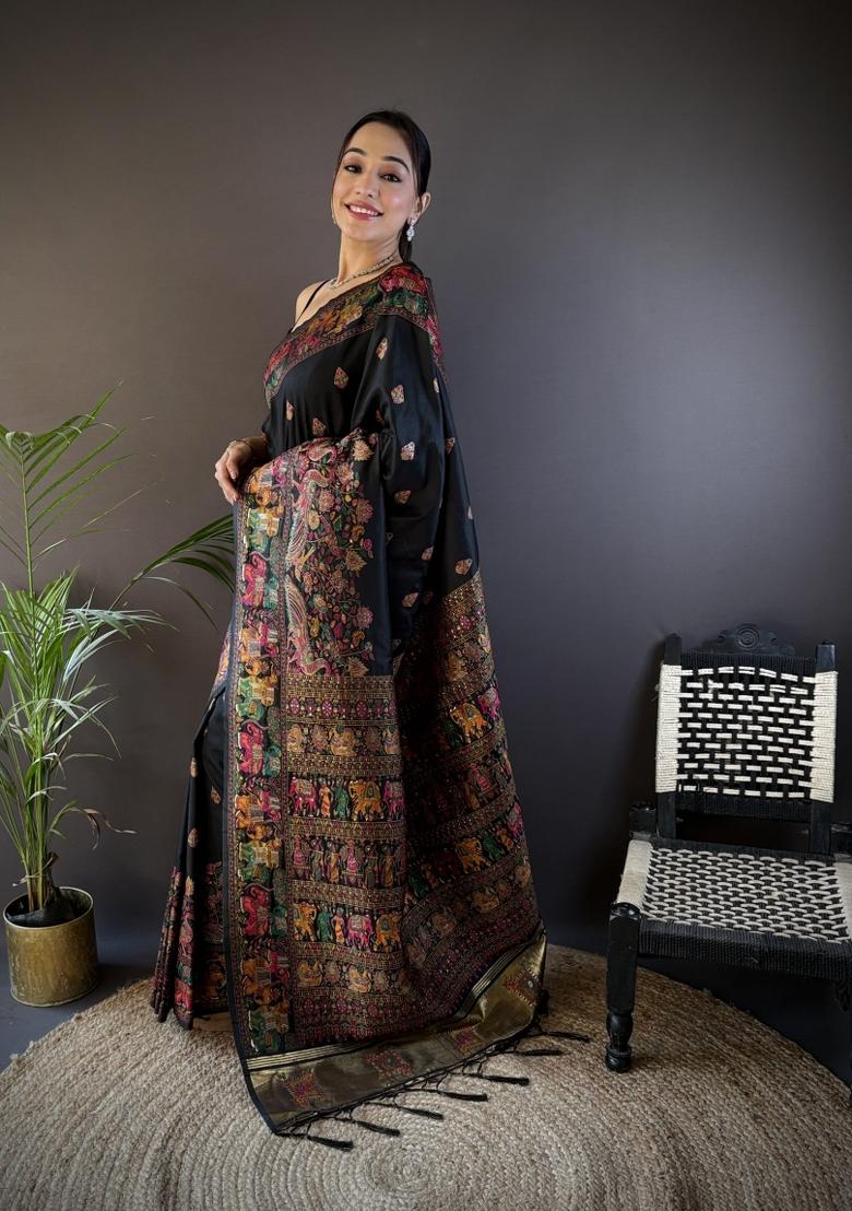Black Floral Print Silk Blend Saree Set - Indya