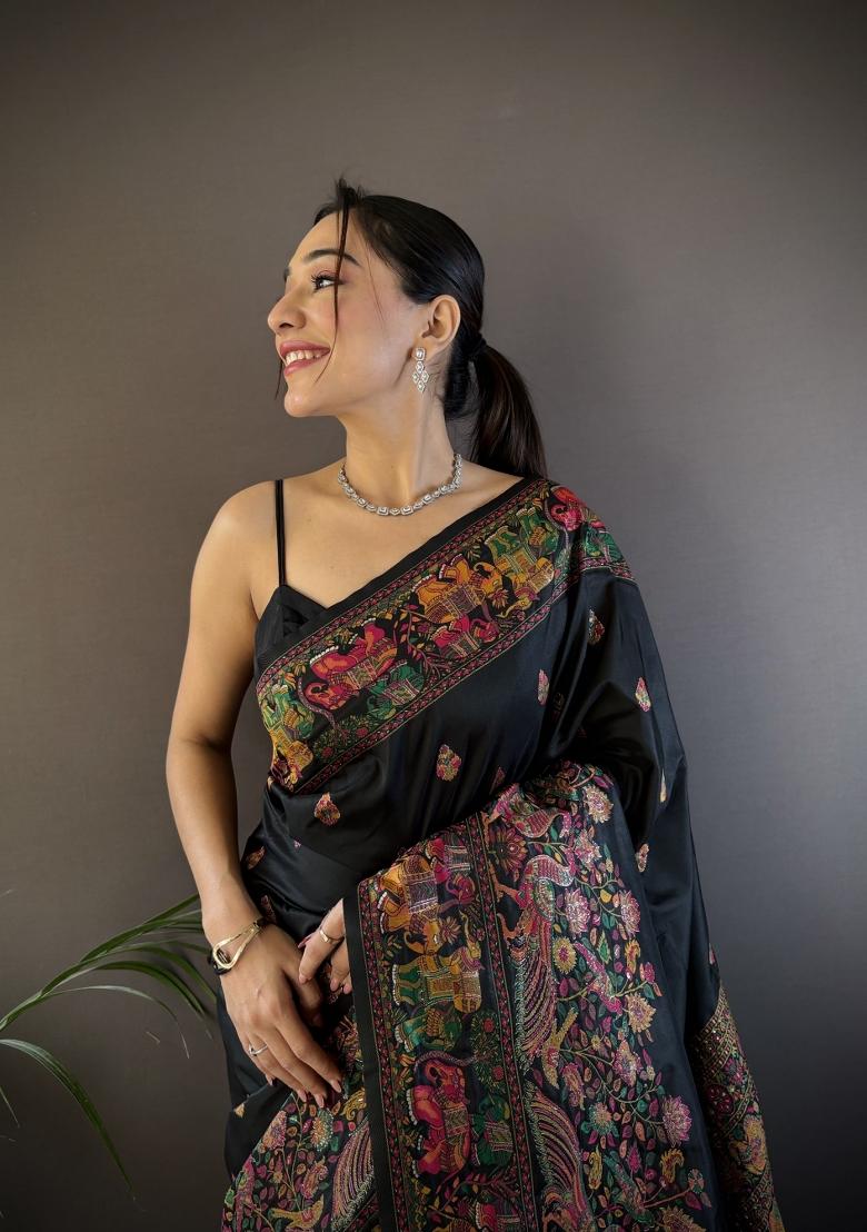 Black Floral Print Silk Blend Saree Set - Indya