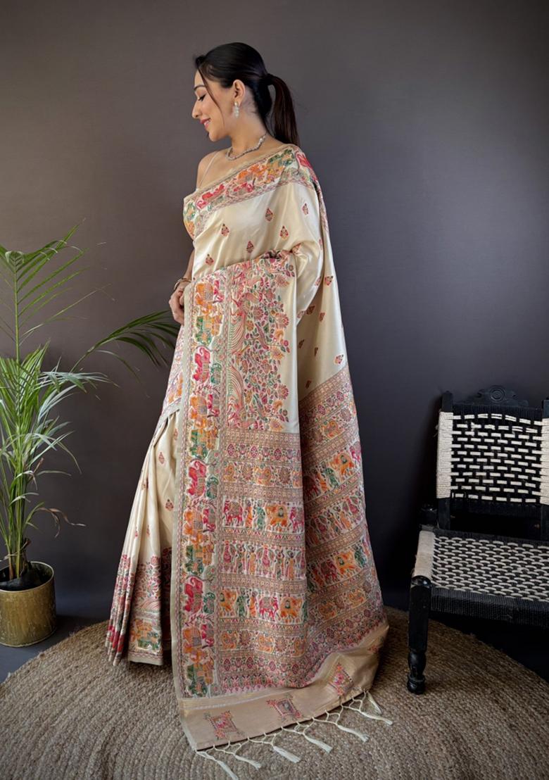 White Floral Print Silk Blend Saree Set - Indya