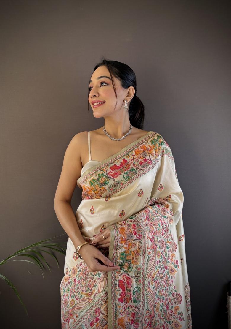 White Floral Print Silk Blend Saree Set - Indya