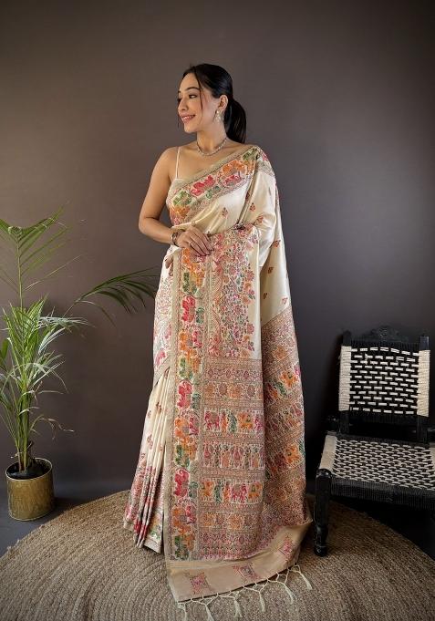 White Floral Print Silk Blend Saree Set