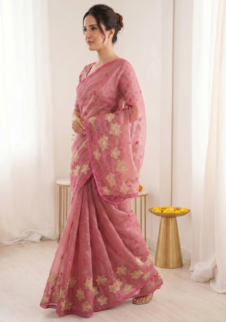 Peach Embroidered Silk Blend Saree Set - Indya