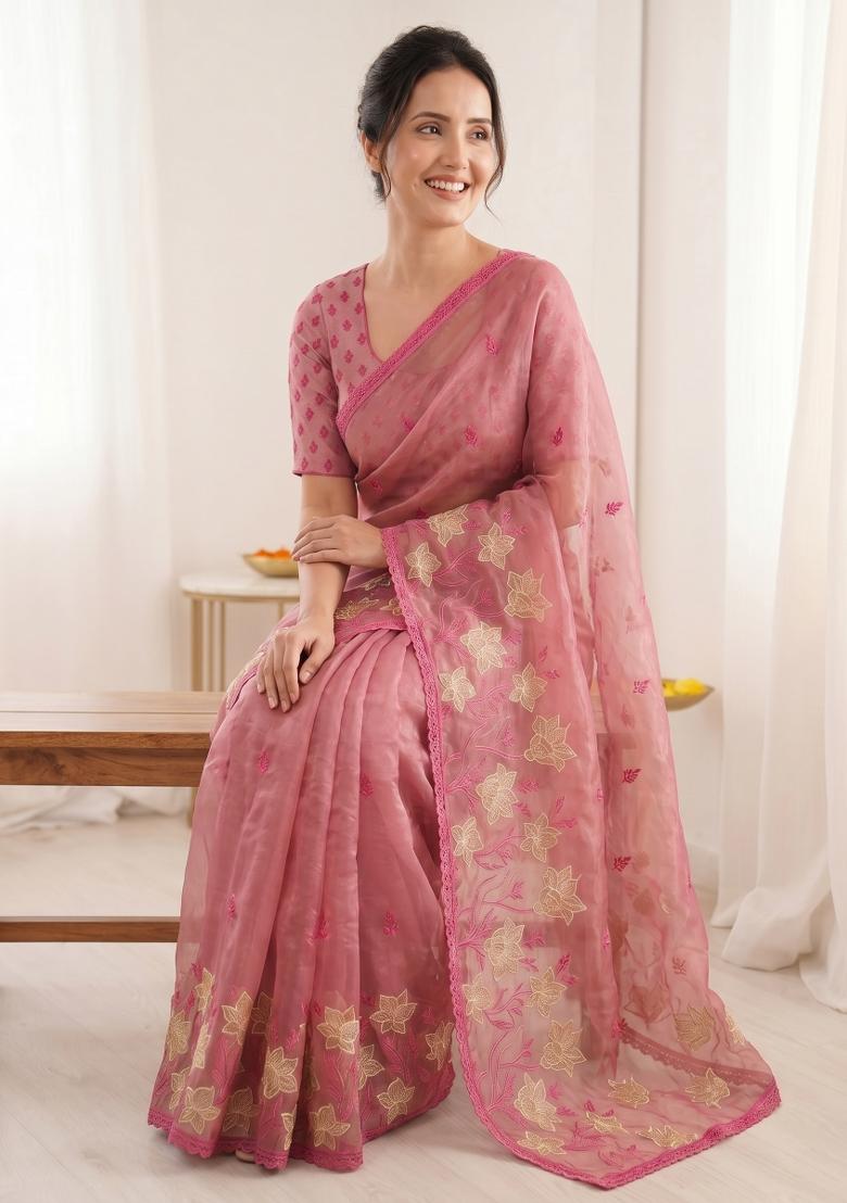 Peach Embroidered Silk Blend Saree Set - Indya