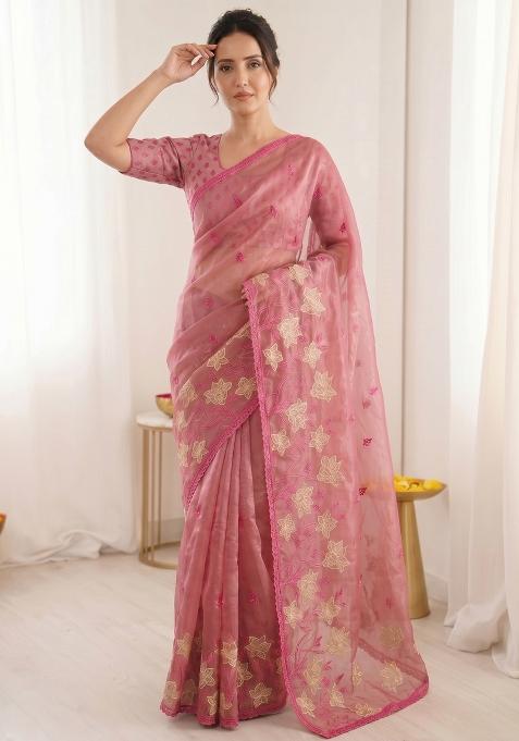 Peach Embroidered Silk Saree Set