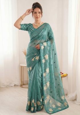 Denim Embroidered Silk Blend Saree Set