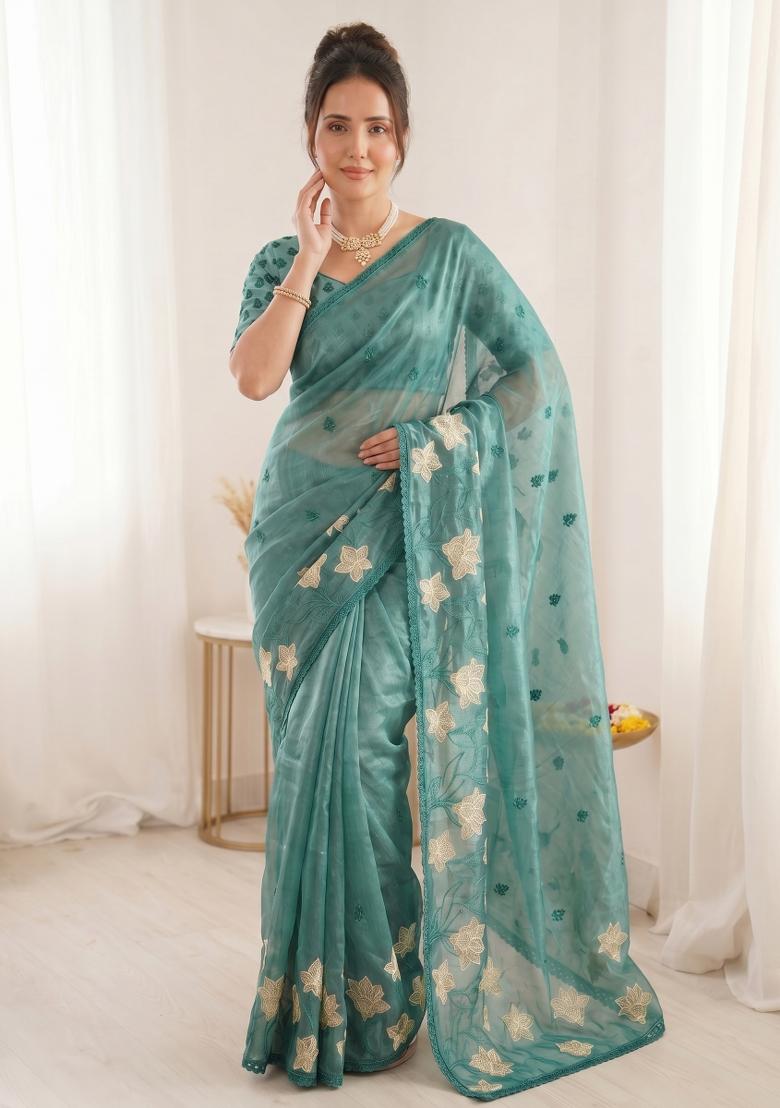 Denim Embroidered Silk Blend Saree Set - Indya