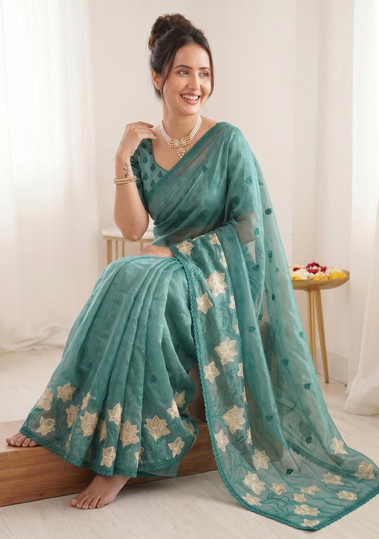Denim Embroidered Silk Blend Saree Set - Indya