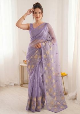 Lavender Embroidered Silk Blend Saree Set