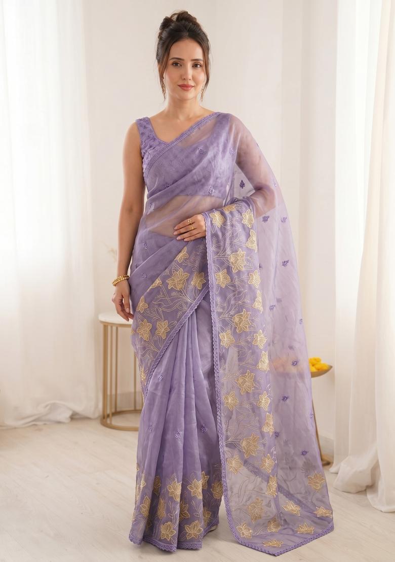Lavender Embroidered Silk Blend Saree Set - Indya