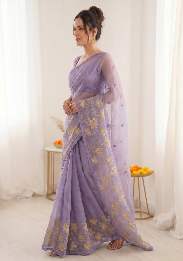 Lavender Embroidered Silk Blend Saree Set - Indya
