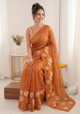 Orange Embroidered Silk Blend Saree Set