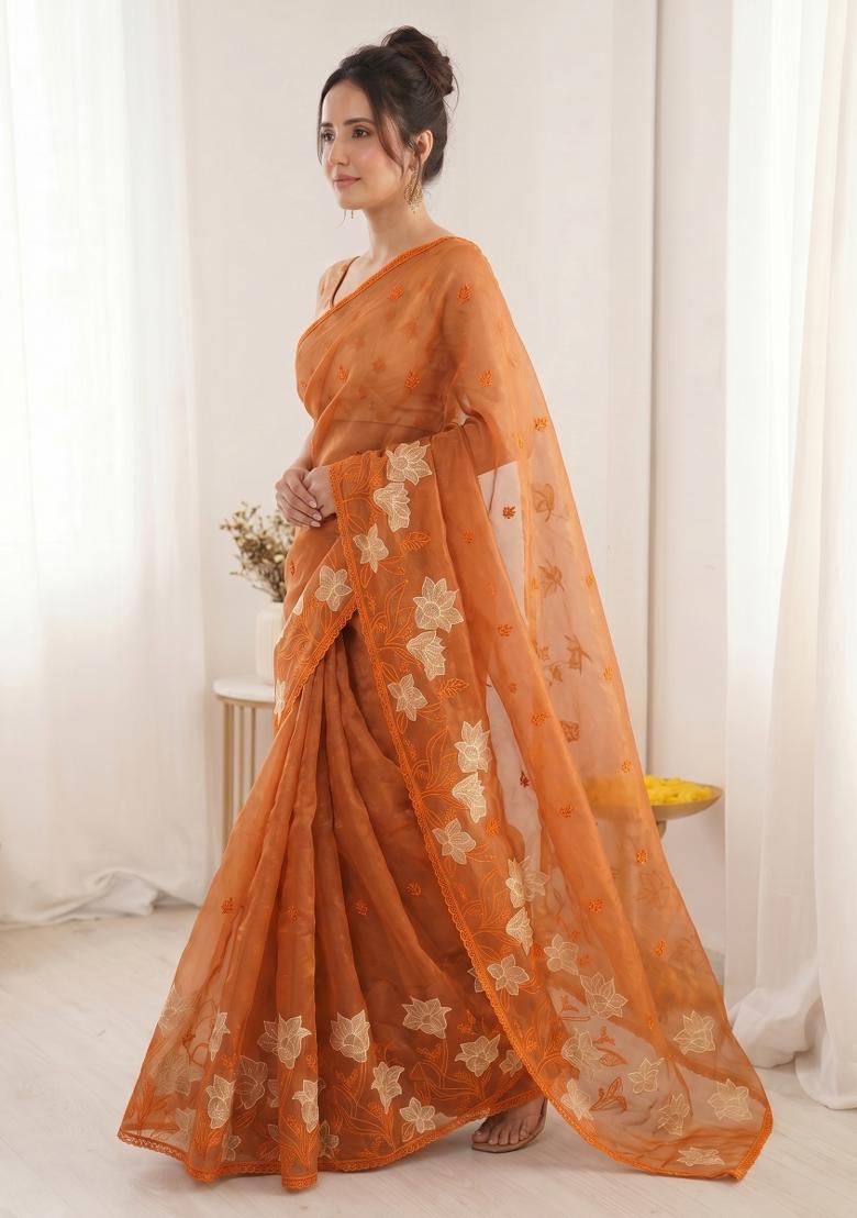 Orange Embroidered Silk Blend Saree Set - Indya
