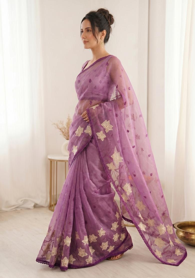 Pink Embroidered Silk Blend Saree Set - Indya