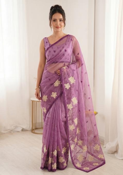 Pink Embroidered Silk Blend Saree Set