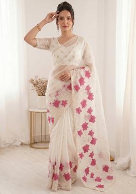 White Embroidered Silk Blend Saree Set