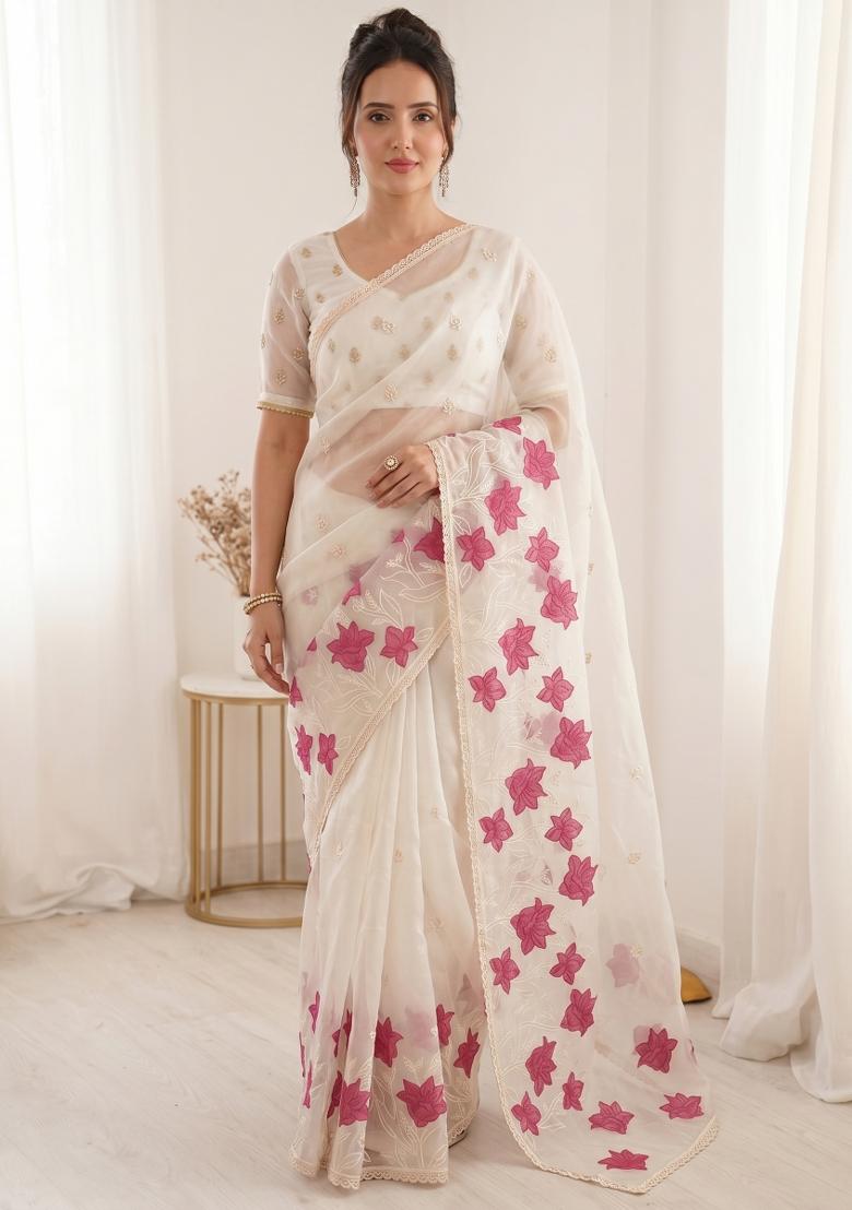 White Embroidered Silk Blend Saree Set - Indya
