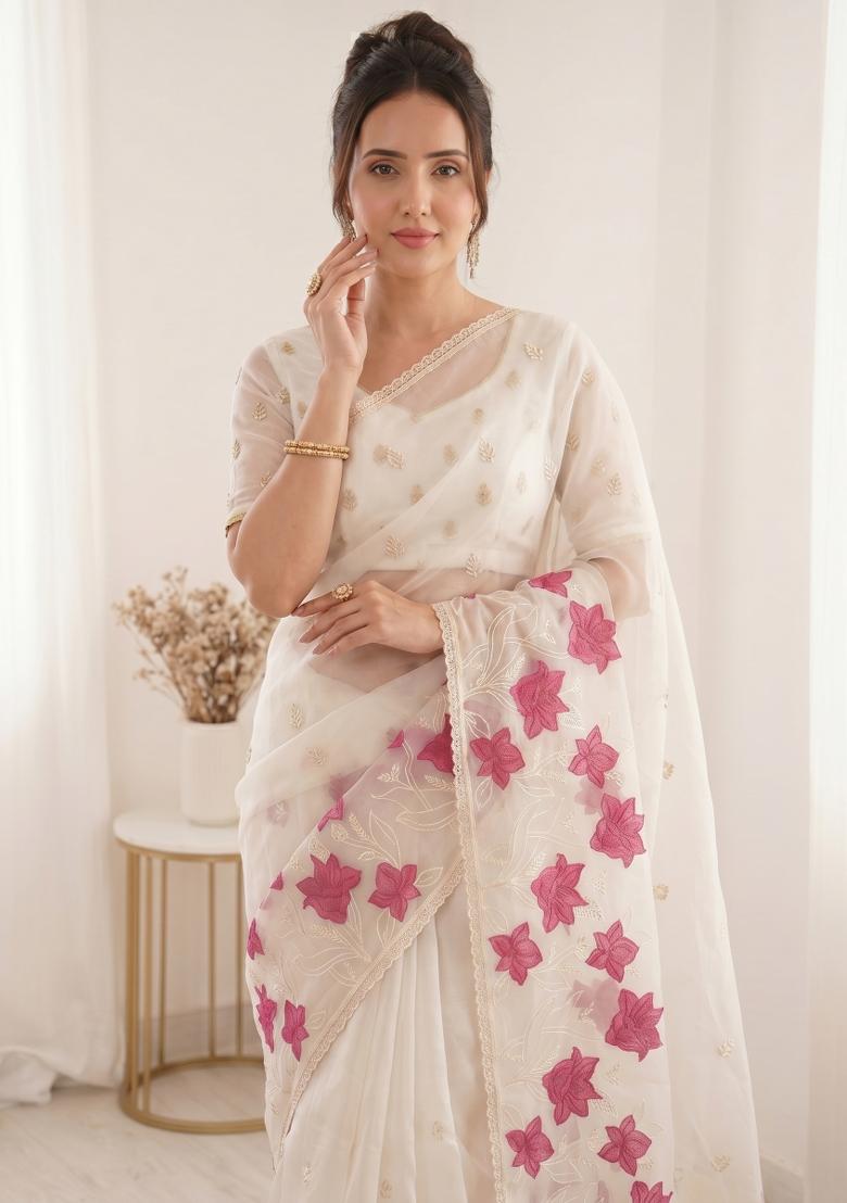 White Embroidered Silk Blend Saree Set - Indya
