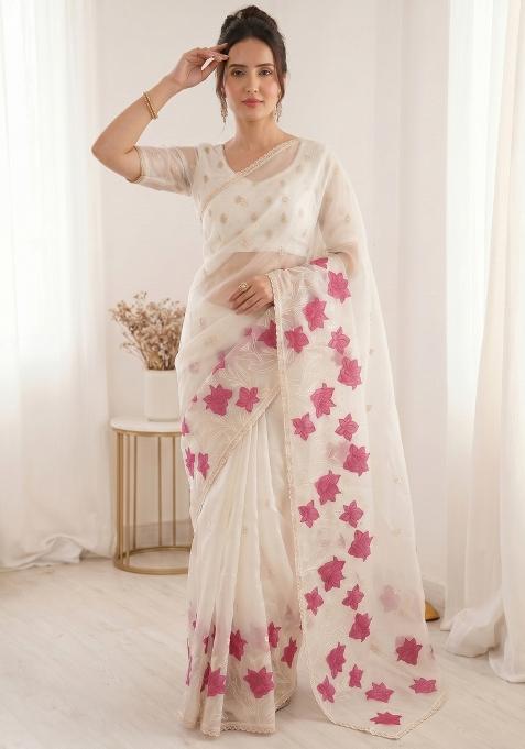 White Embroidered Silk Blend Saree Set