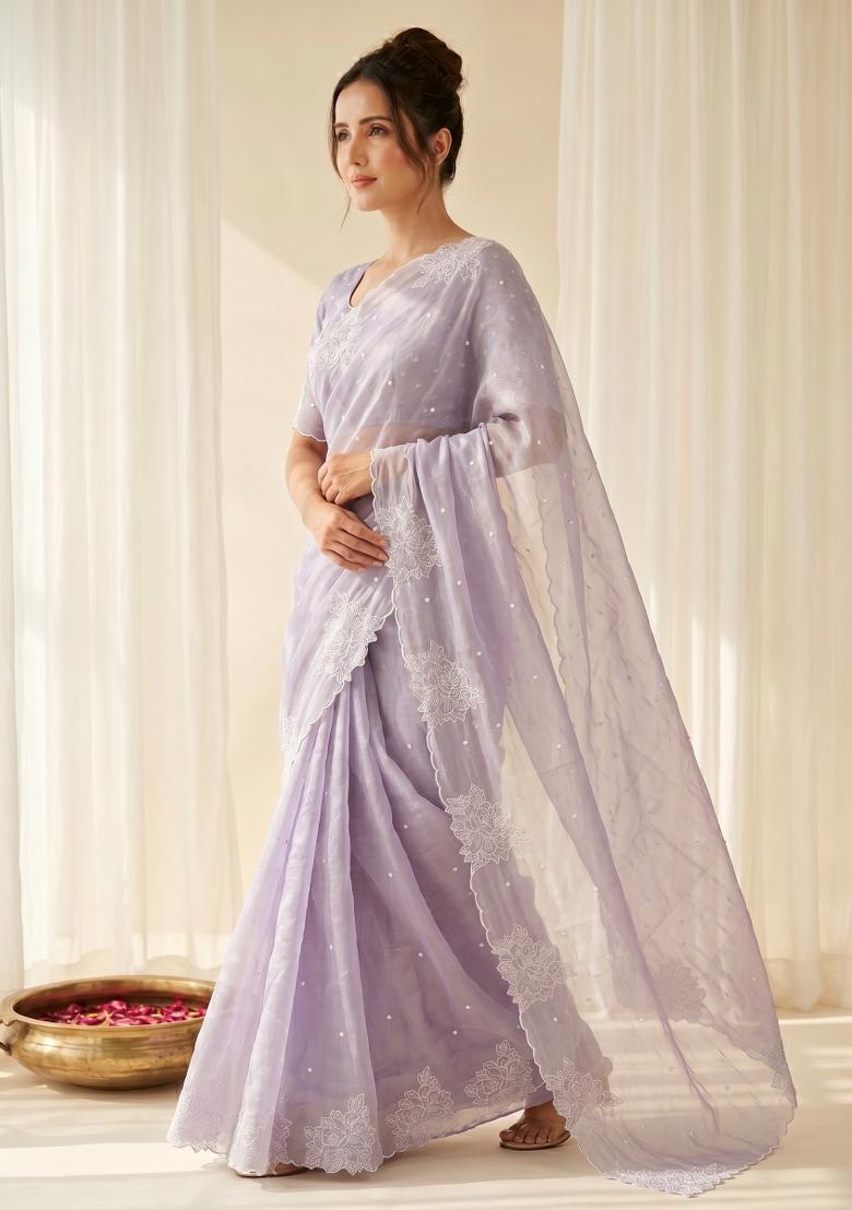 Lavender Embroidered Silk Blend Saree Set - Indya