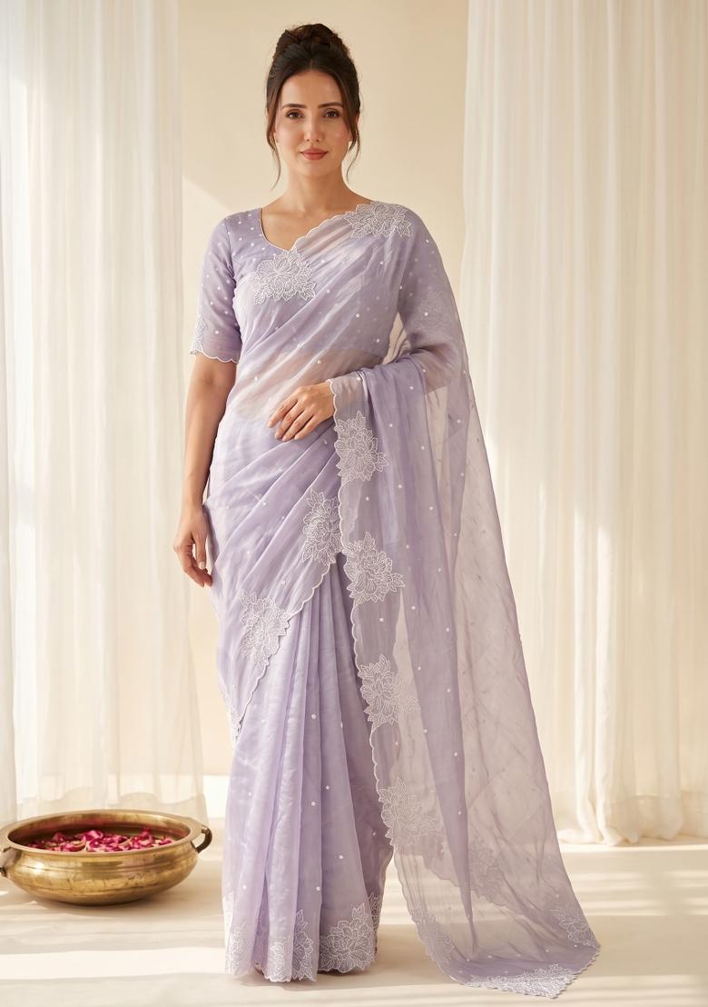 Lavender Embroidered Silk Blend Saree Set - Indya