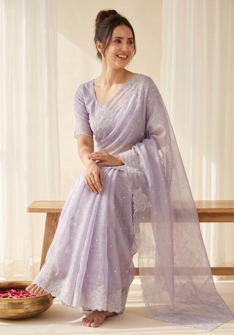 Lavender Embroidered Silk Blend Saree Set