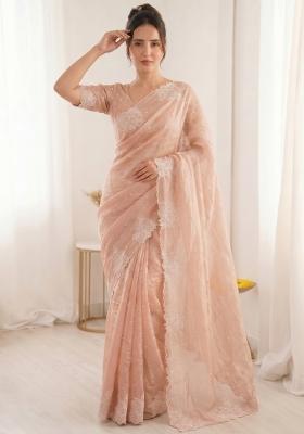 Peach Embroidered Silk Blend Saree Set