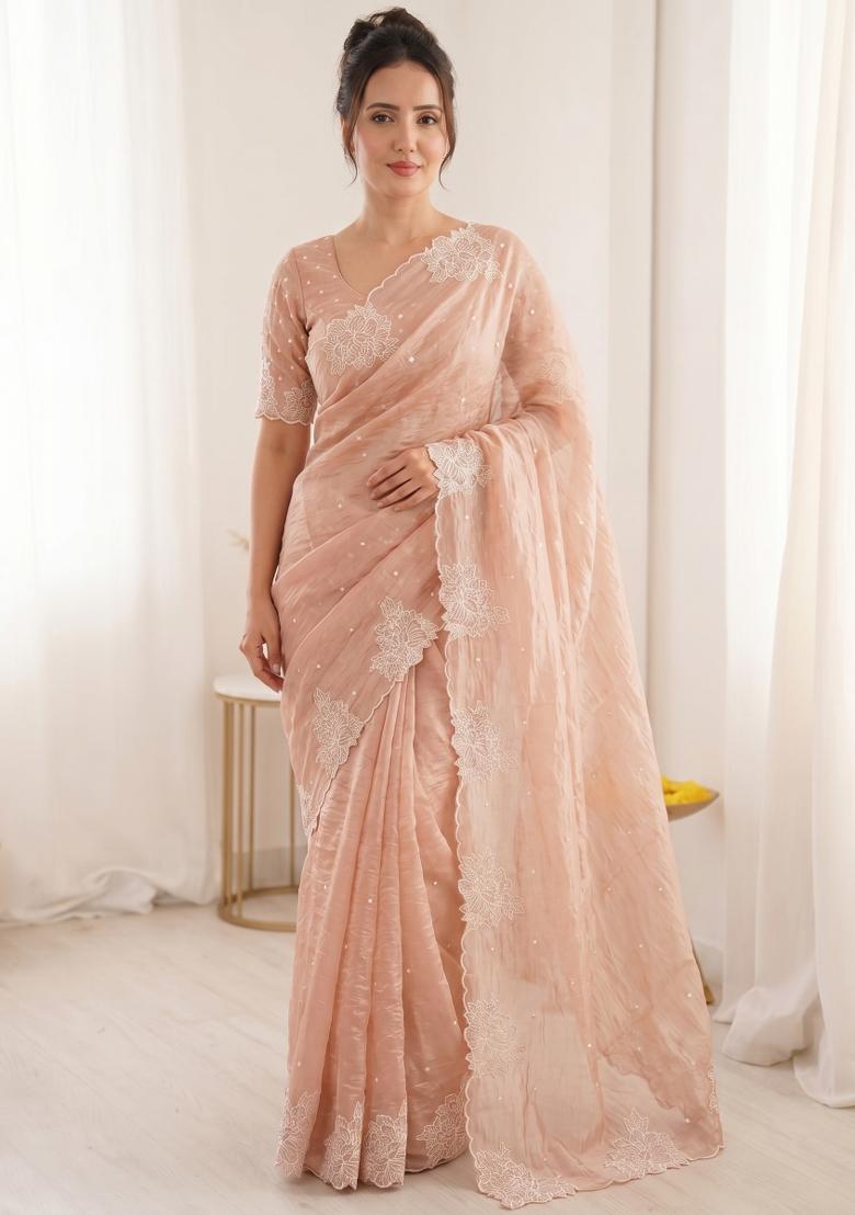 Peach Embroidered Silk Blend Saree Set - Indya