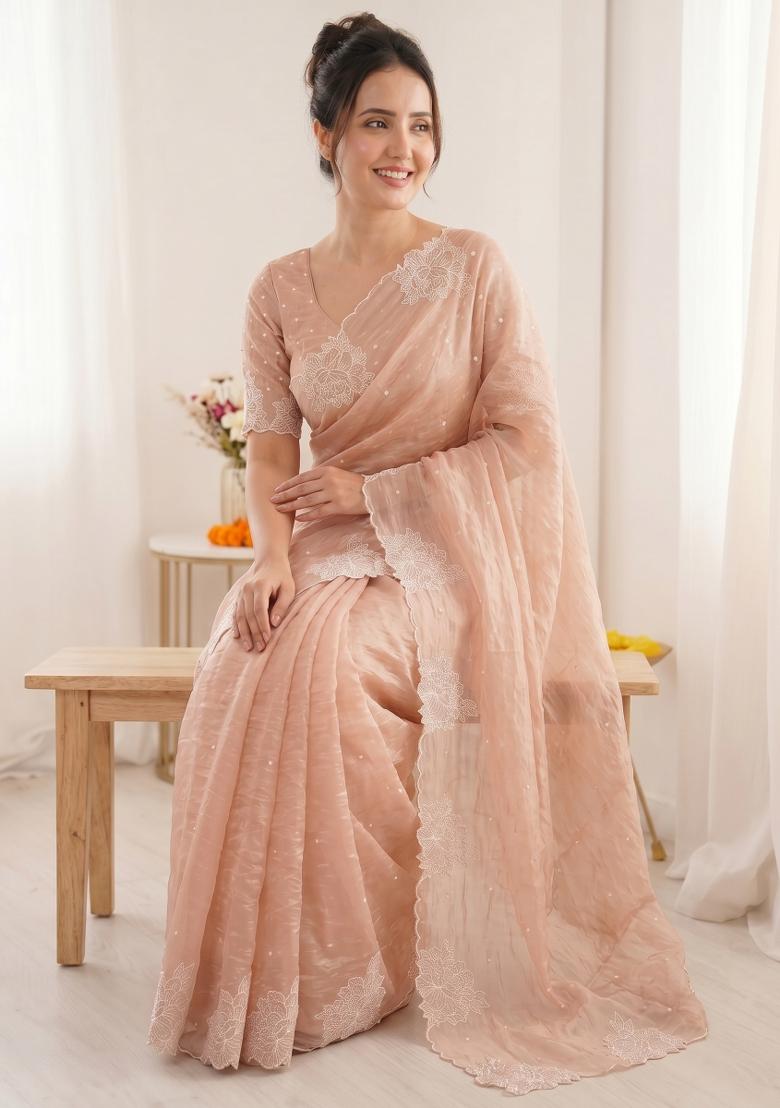 Peach Embroidered Silk Blend Saree Set - Indya