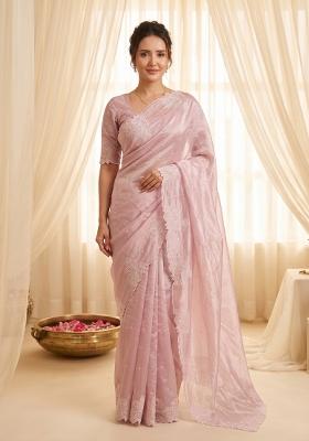 Pink Embroidered Silk Blend Saree Set