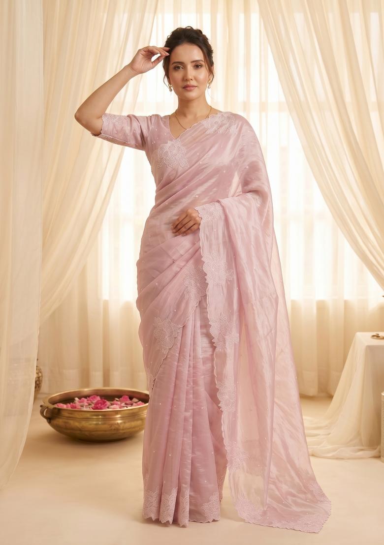 Pink Embroidered Silk Blend Saree Set - Indya