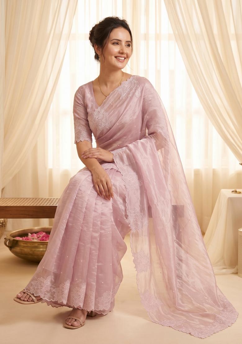 Pink Embroidered Silk Blend Saree Set - Indya